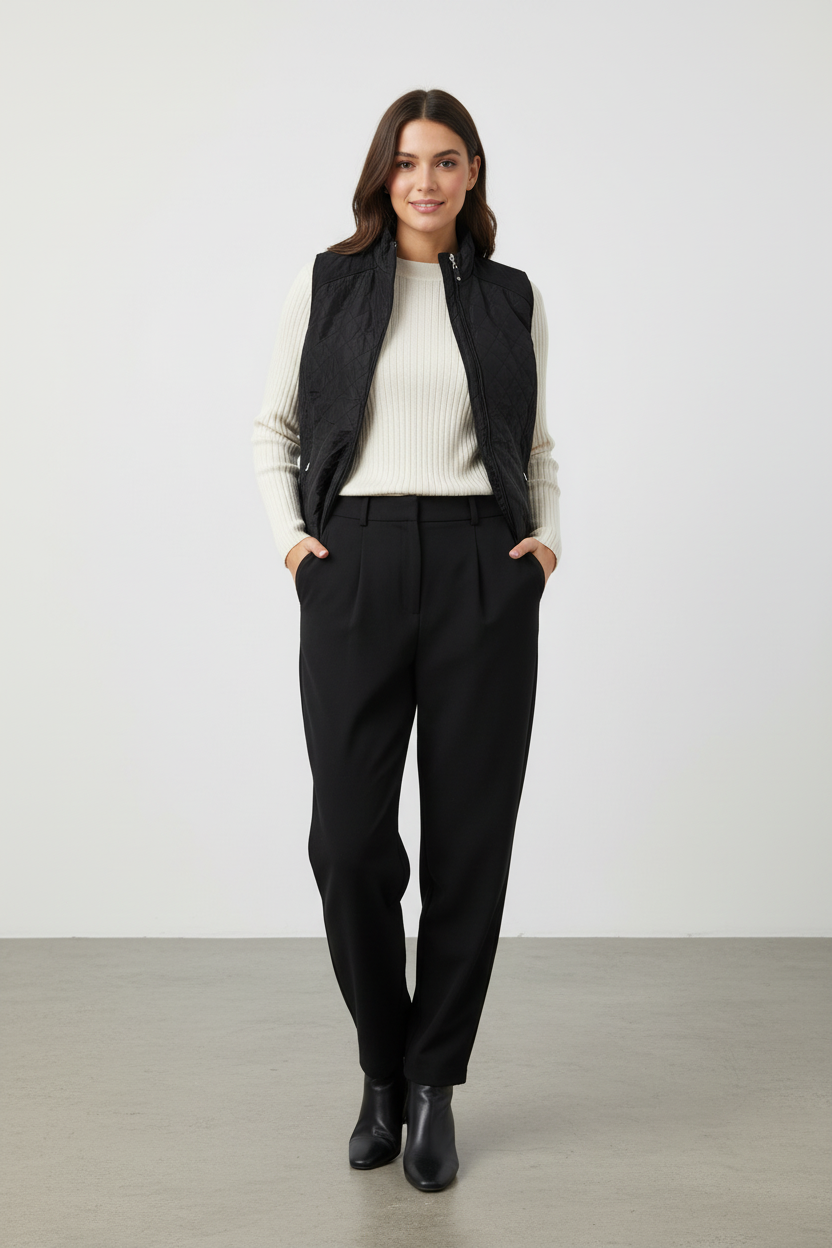 Μοντέλο με αμάνικο μπουφάν και εκρού-μαύρες αποχρώσεις