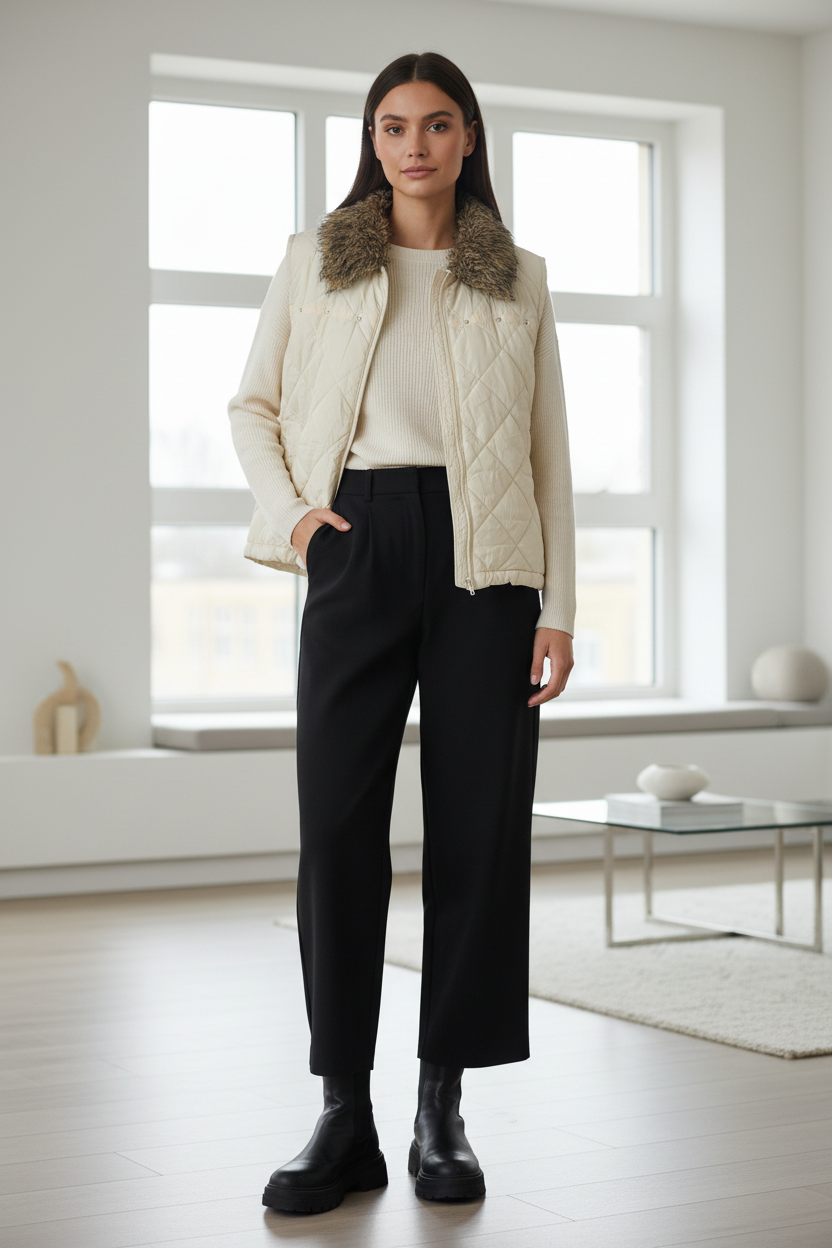 Μοντέλο με αμάνικο μπουφάν και μαύρες-εκρού αποχρώσεις