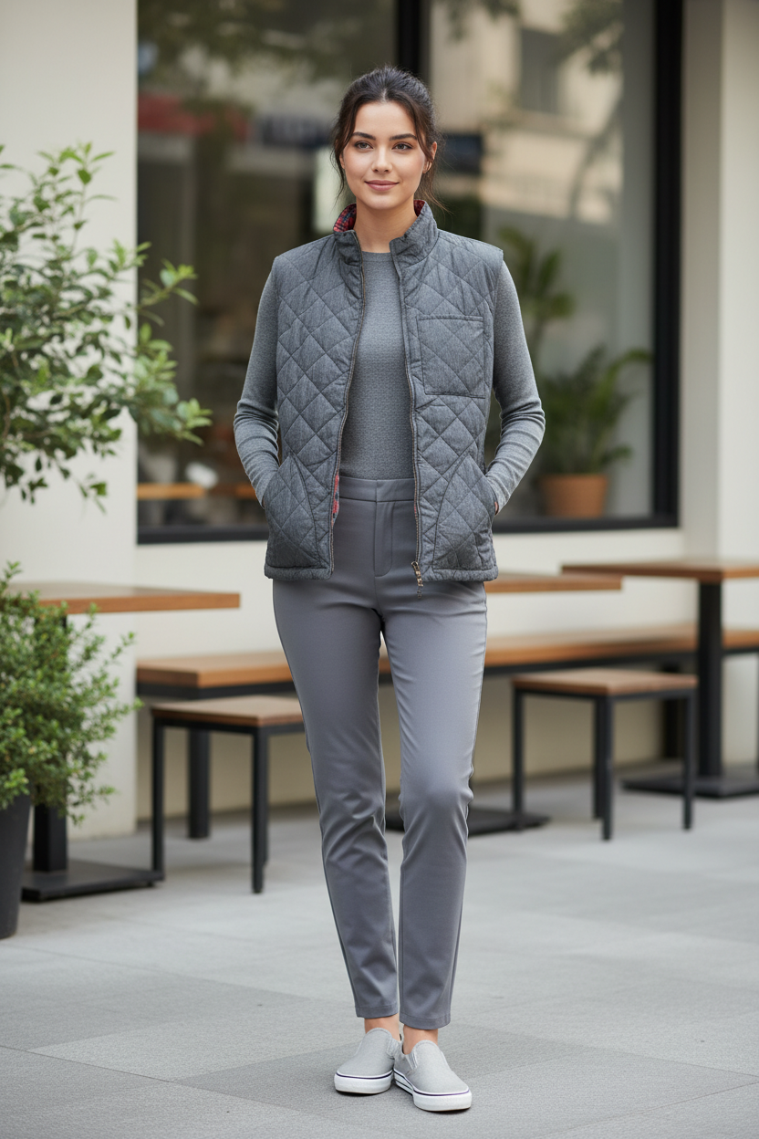 Μοντέλο με αμάνικο μπουφάν και γκρι χρώματα