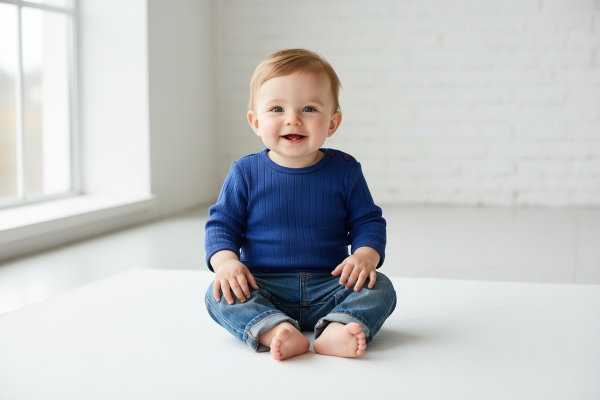 Baby boy wearing blue t-shirt