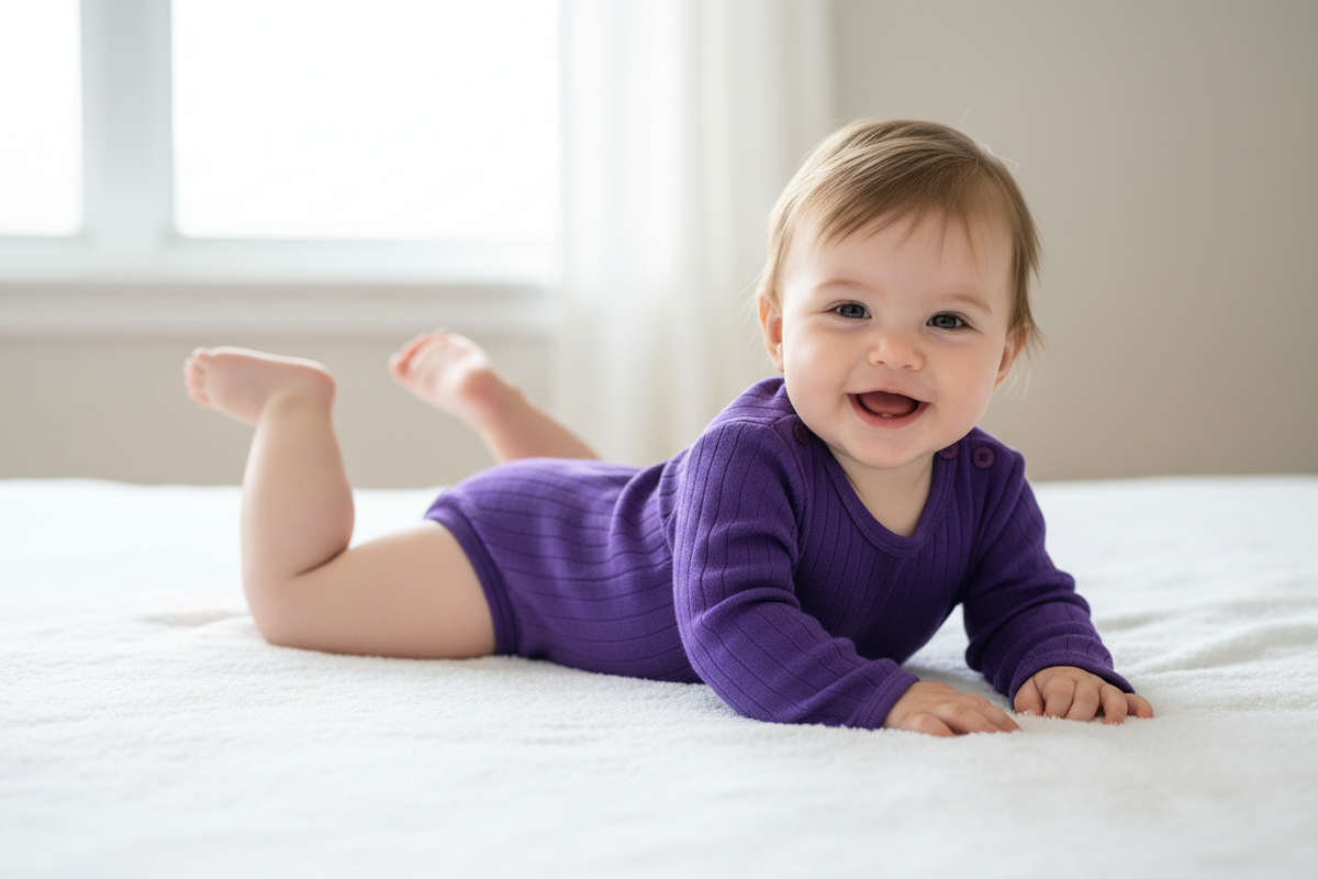 Baby girl 6-9 months wearing bodysuit with shoulder buttons