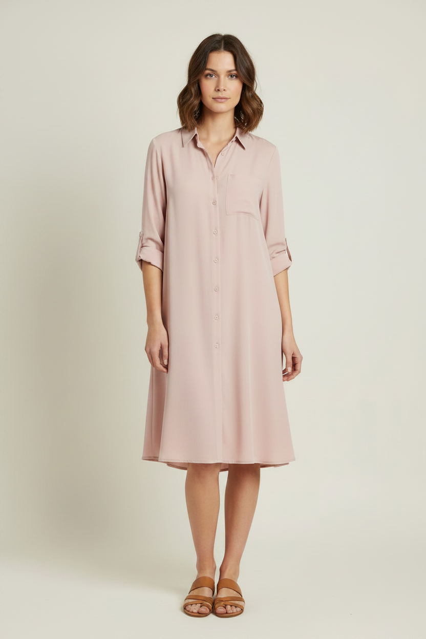 Dusty Rose Shirt Dress Model - Full Buttons