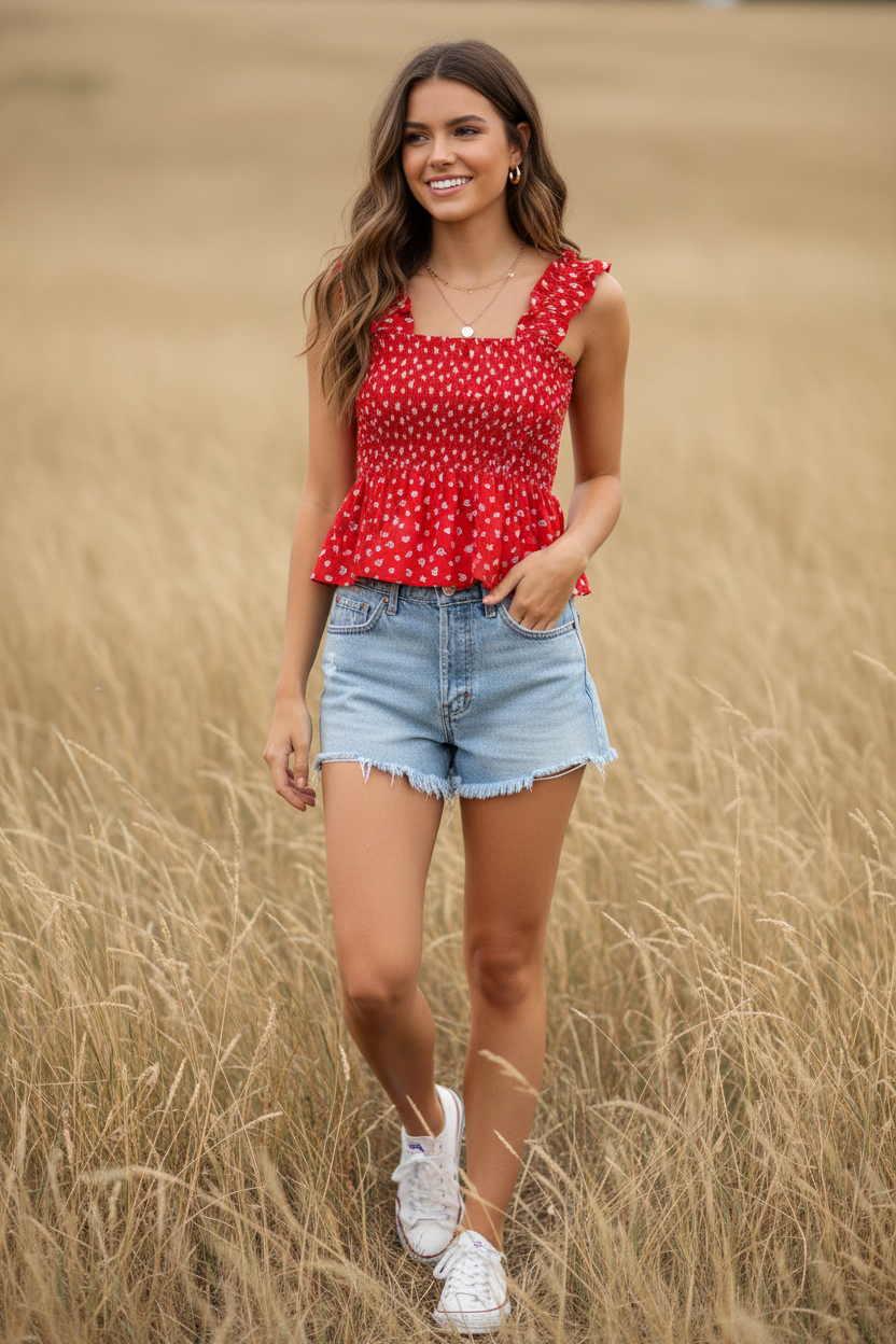 Μπλούζα Κόκκινη Floral Smocked Peplum - Crop Top Look
