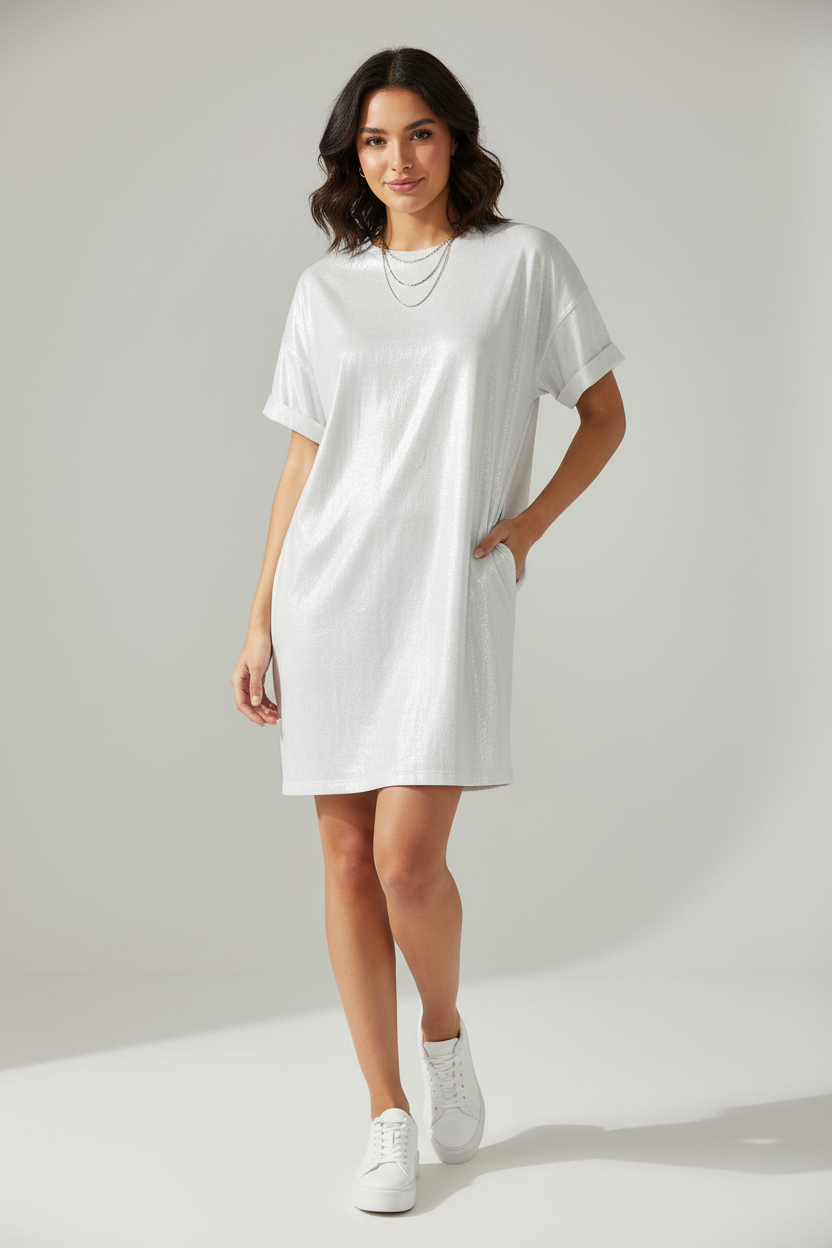 Φόρεμα Λευκό Metallic Shimmer T-shirt - Look