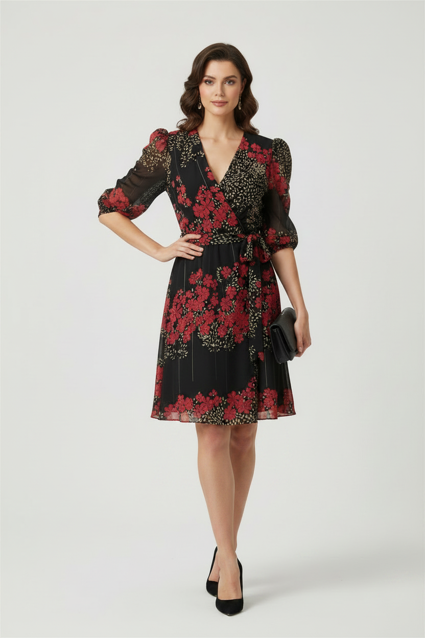 Model wearing black floral wrap dress above the knee