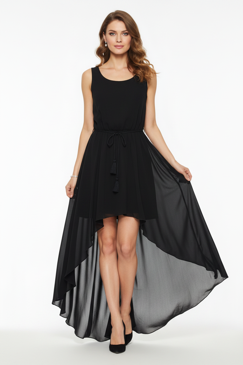Model wearing black high-low chiffon dress