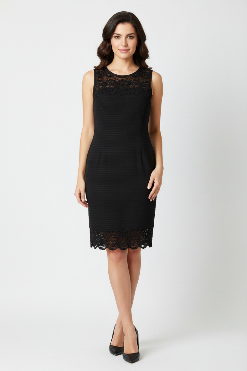 Model wearing black lace sequin sheath dress