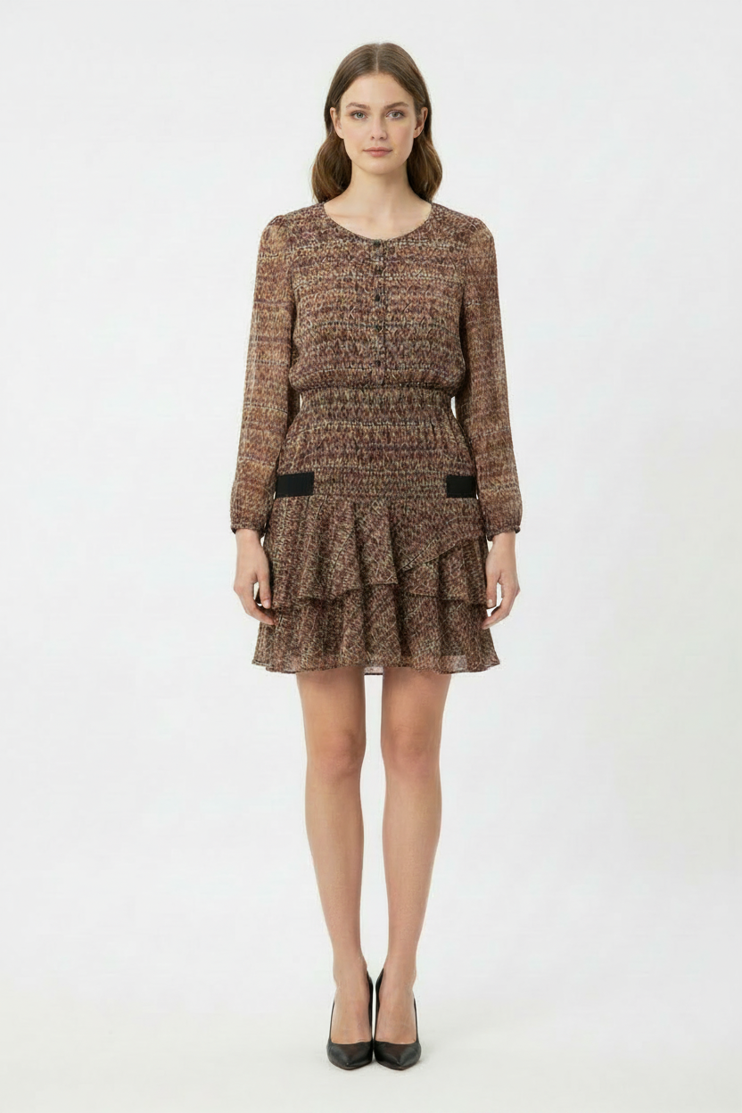 Model wearing brown abstract print dress with elbow-length sleeves