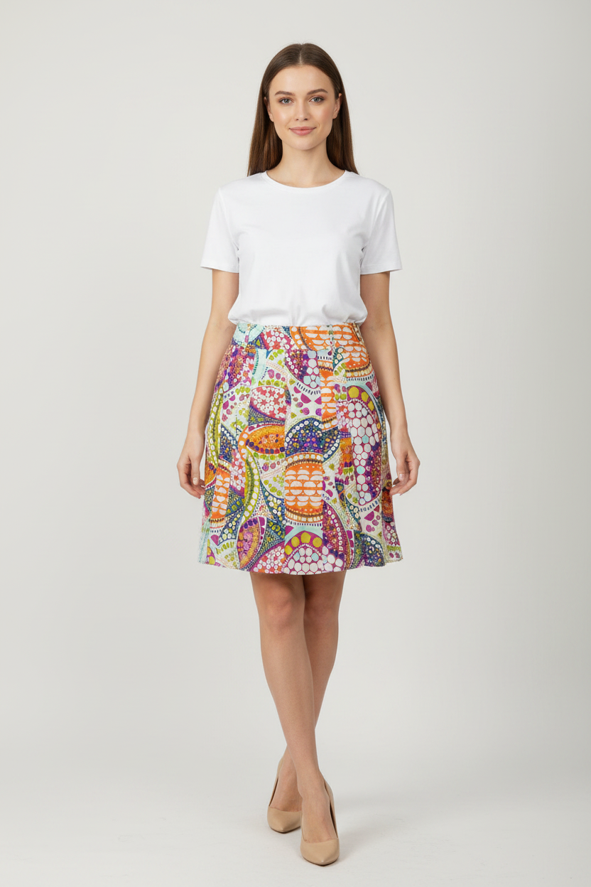 Model wearing colorful mosaic skirt