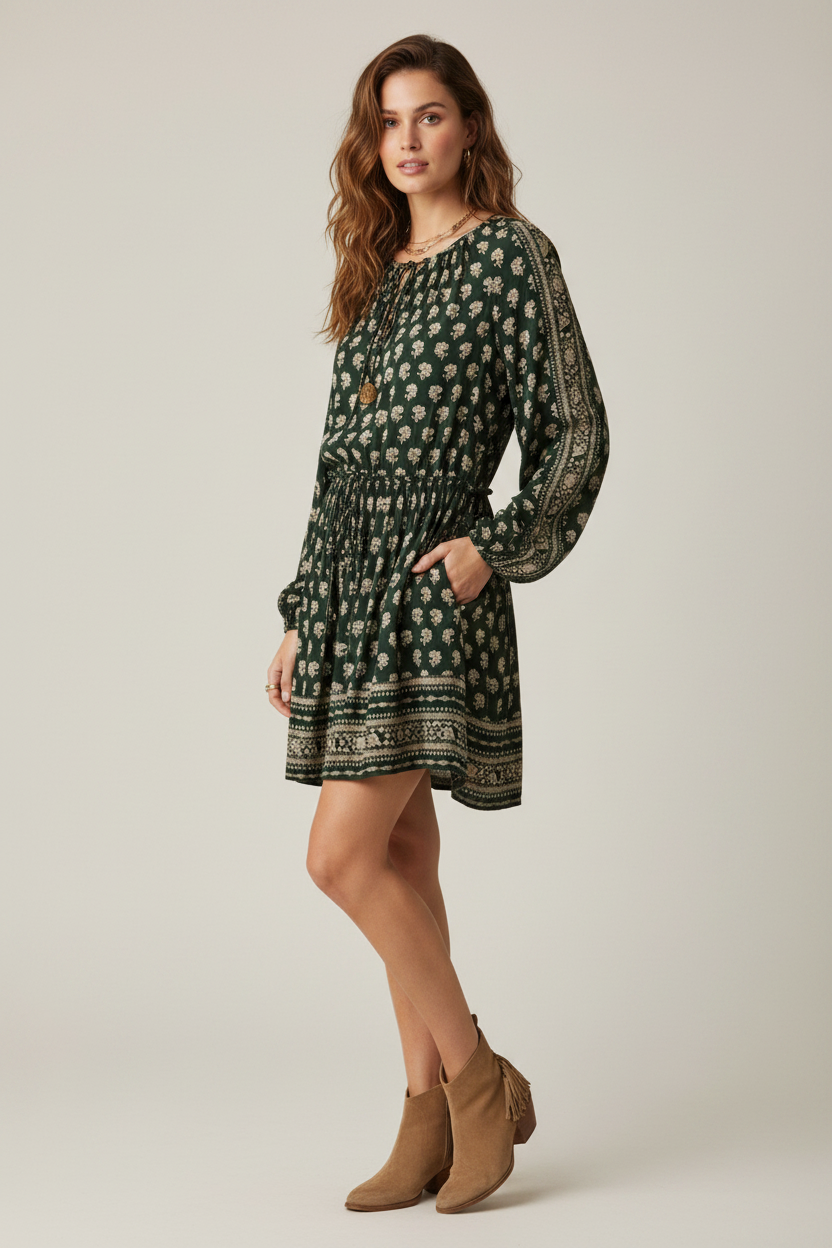 Model wearing dark green boho floral mini dress