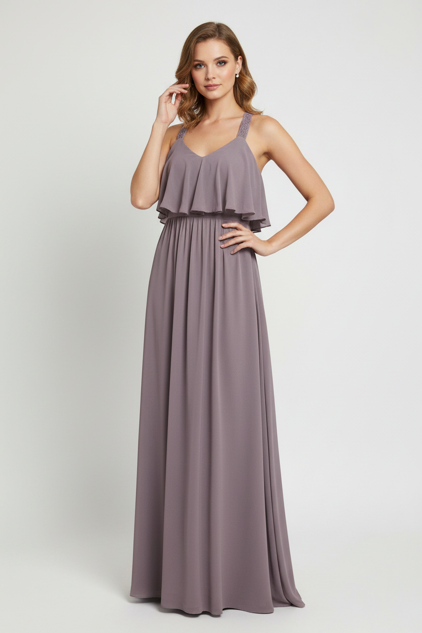 Model wearing dusty mauve maxi evening dress