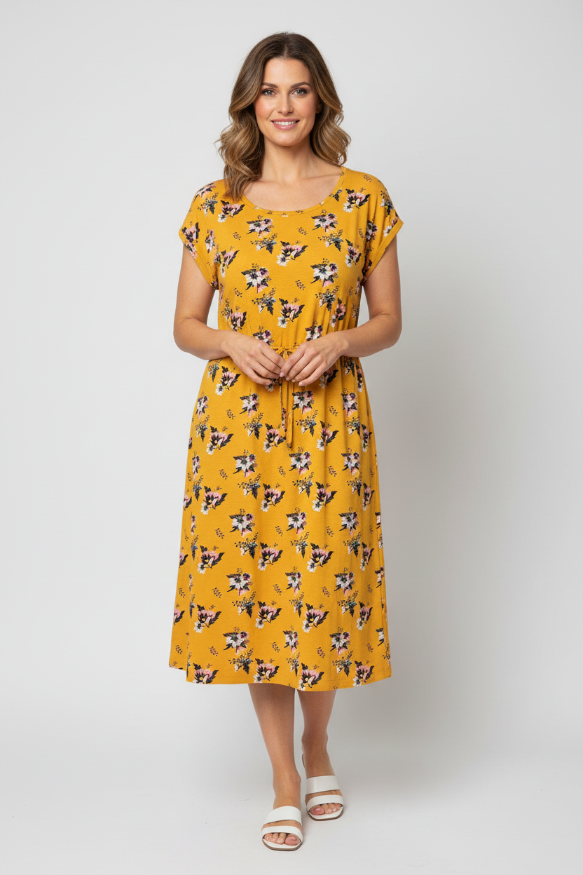 Model wearing mustard yellow floral dress