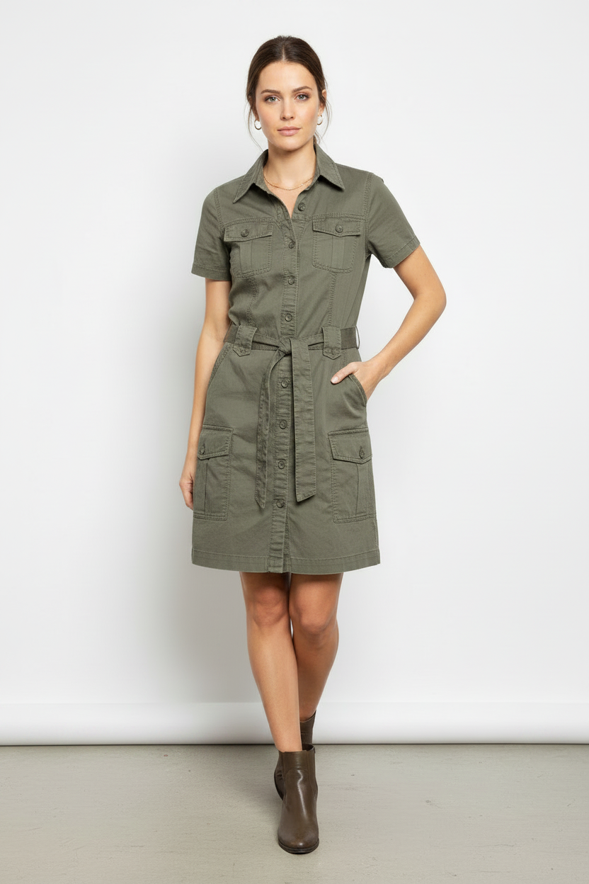 Model wearing olive army shirt dress without tag