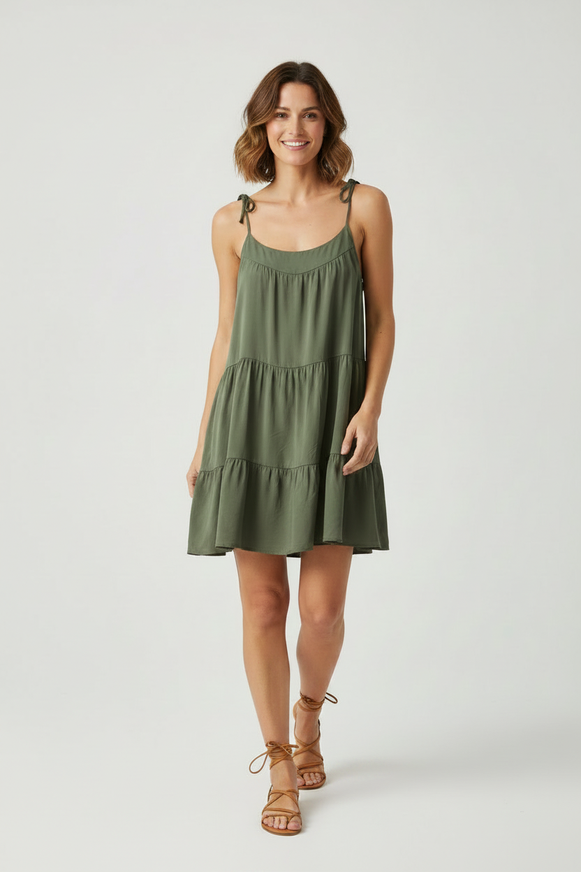 Model wearing olive tiered sundress with sandals