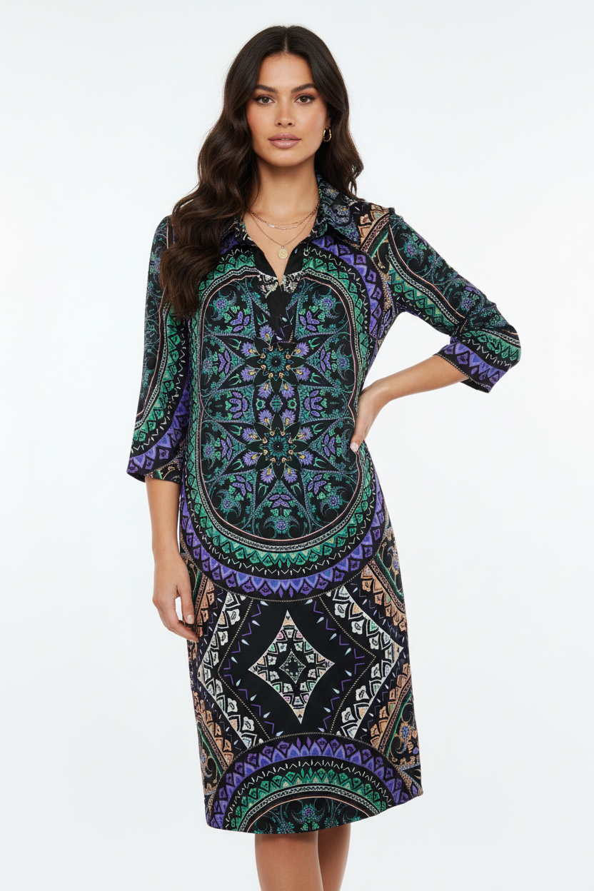 Model wearing ornate mandala print shift dress
