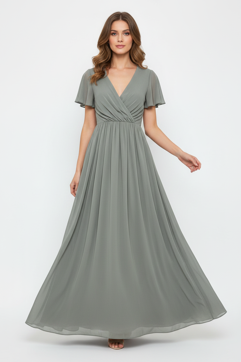 Model wearing sage green maxi dress