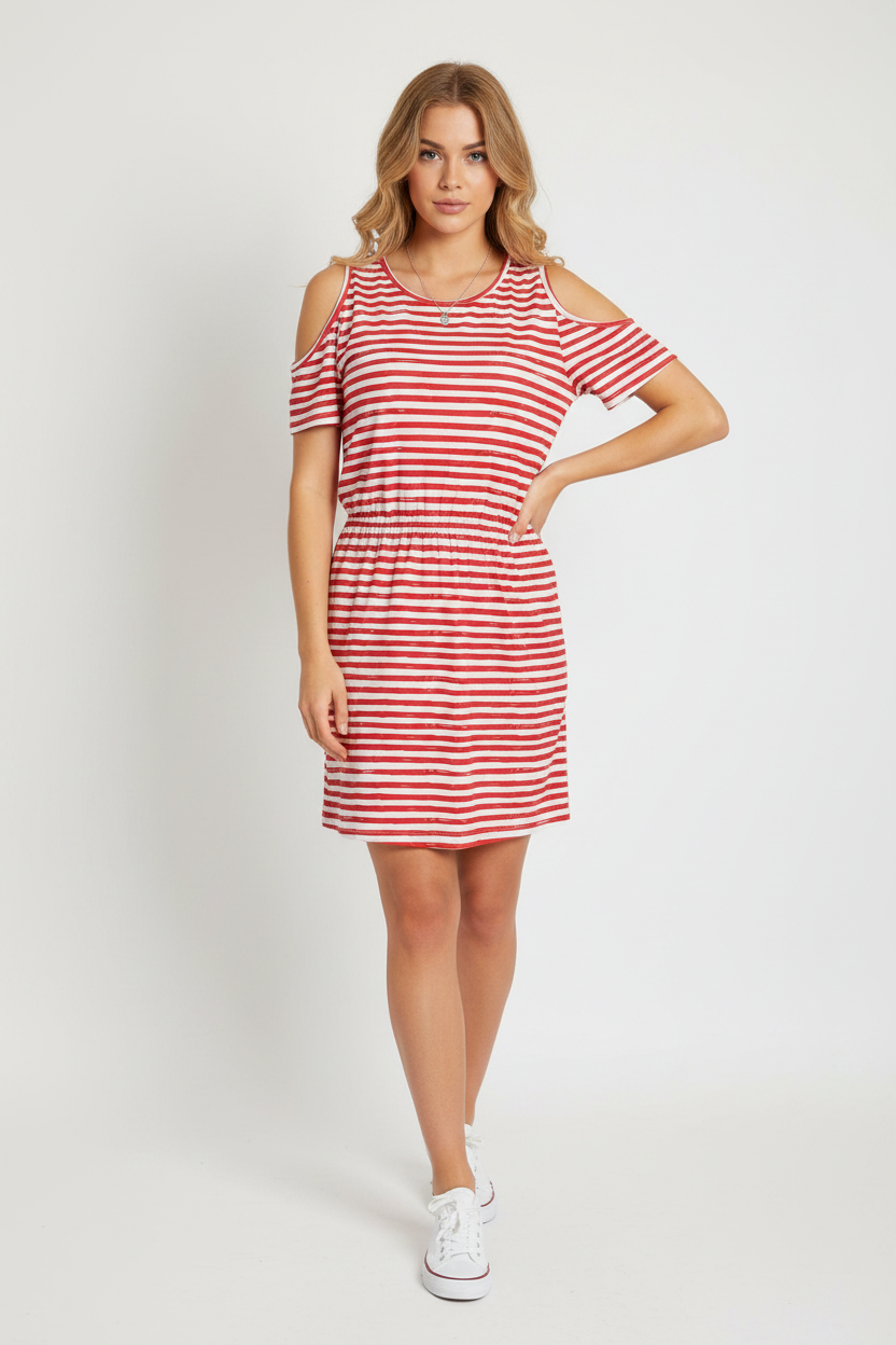 Model wearing striped cold-shoulder dress