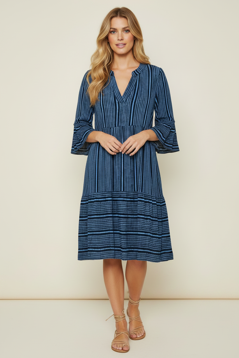 Navy Blue Ethnic Stripe Dress Model - Above Knee