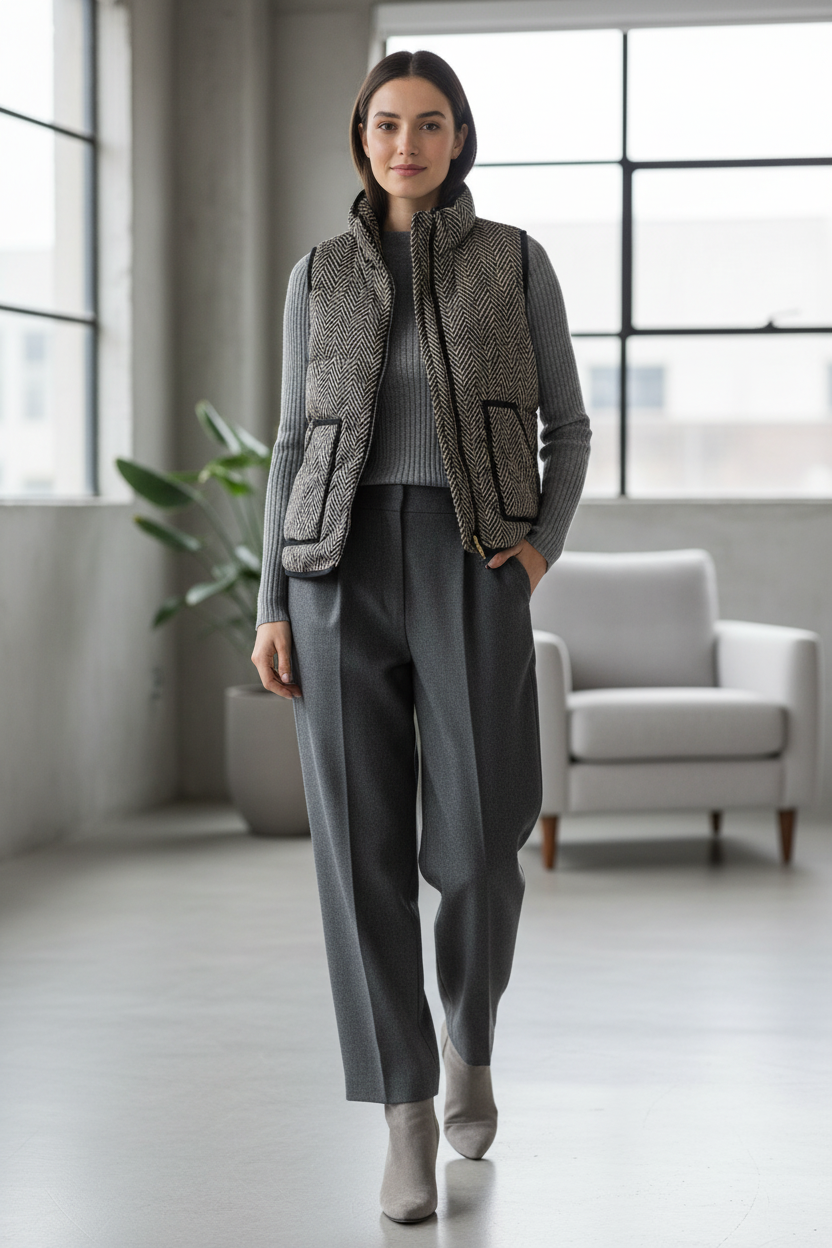 Μοντέλο με αμάνικο μπουφάν και γκρι αποχρώσεις