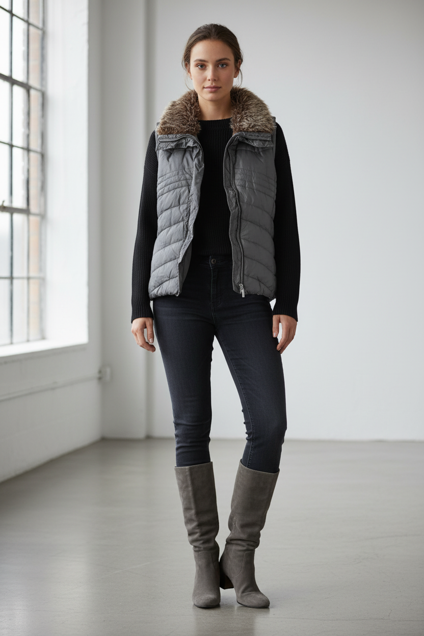 Μοντέλο με αμάνικο μπουφάν και γκρι μπότες