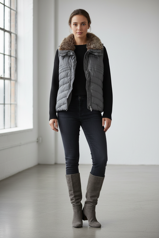 Μοντέλο με αμάνικο μπουφάν και γκρι μπότες