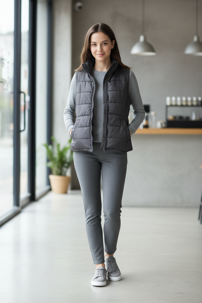 Μοντέλο με αμάνικο μπουφάν και γκρι ντύσιμο