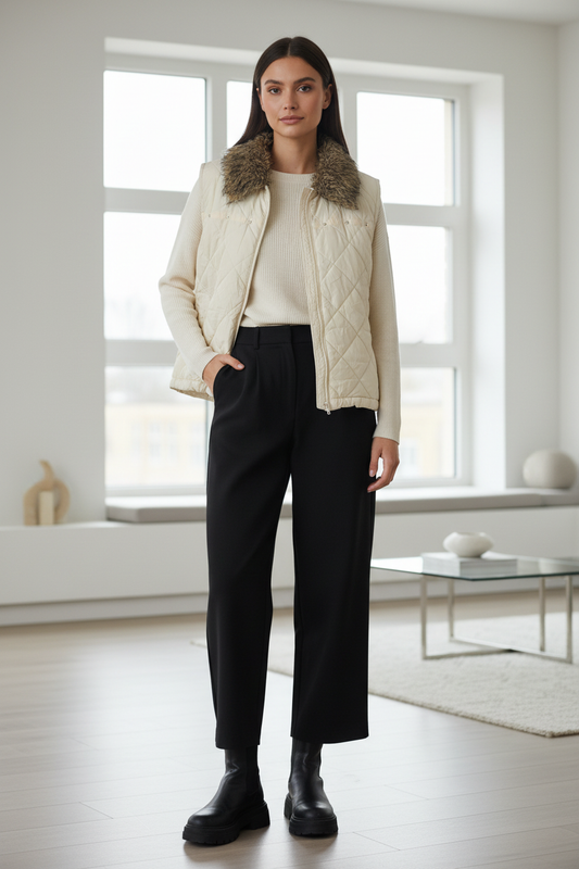 Μοντέλο με αμάνικο μπουφάν και μαύρες-εκρού αποχρώσεις