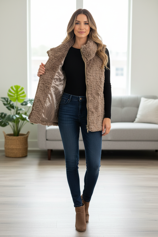 Μοντέλο με εντελώς ανοιχτό γούνινο γιλέκο