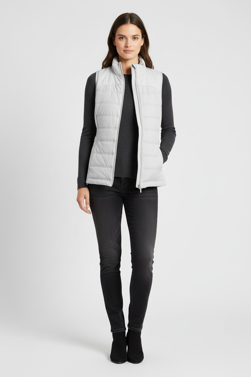 Μοντέλο με αμάνικο μπουφάν και σκούρο γκρι μπλούζα