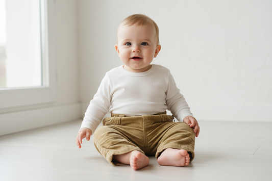 Baby boy sitting wearing corduroy pants