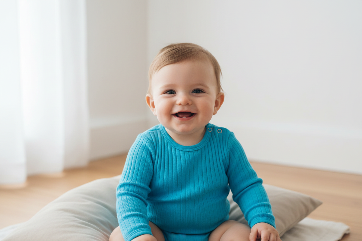 Baby boy wearing bodysuit with 2 buttons on each shoulder