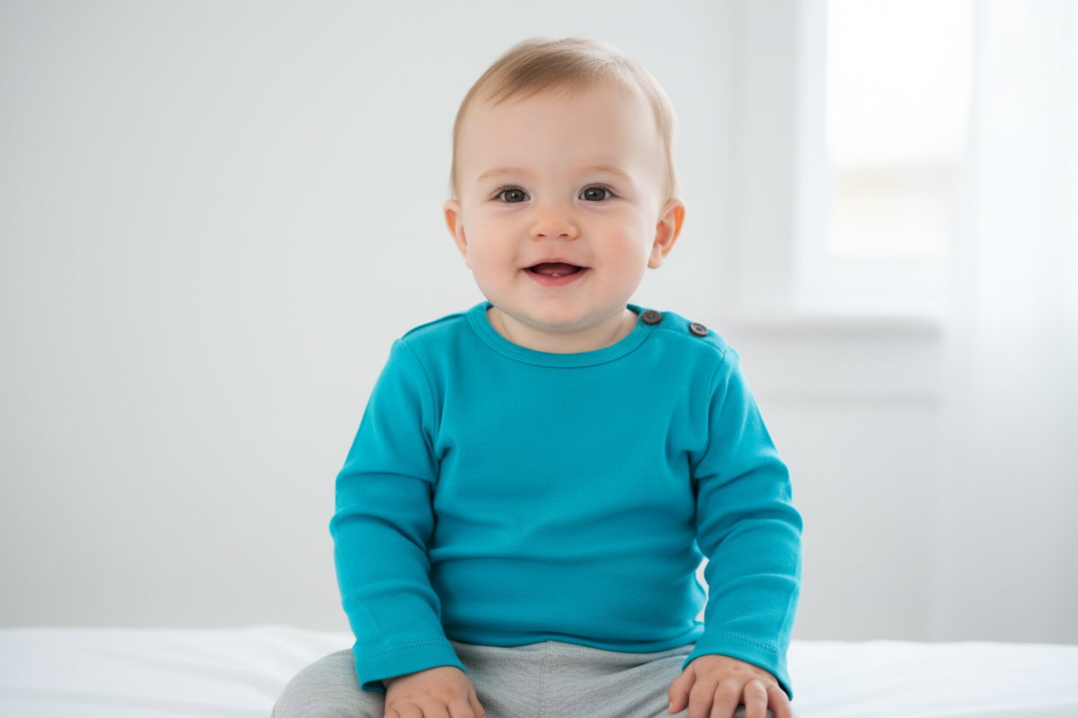 Baby boy with t-shirt with buttons on both shoulders