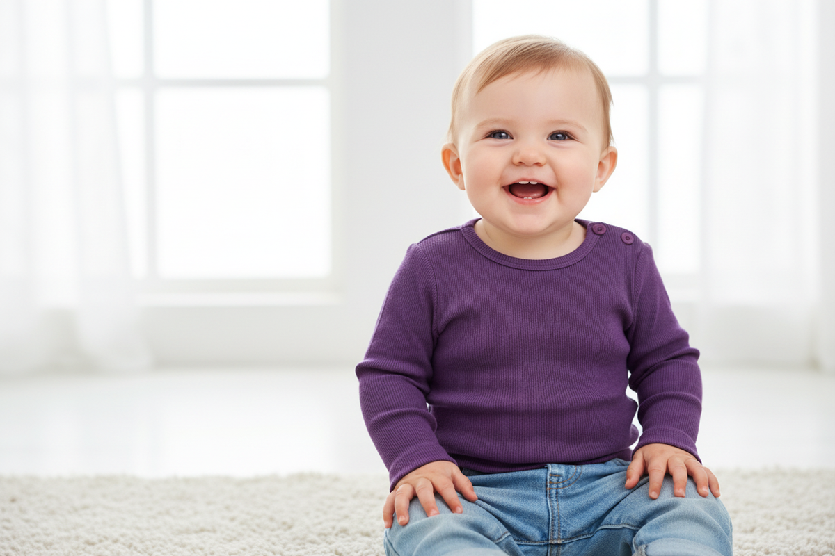 Baby girl wearing purple t-shirt