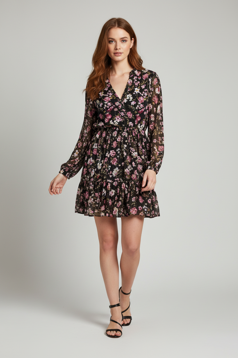 Black Floral Chiffon Dress Model