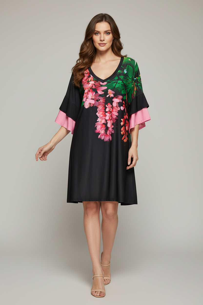 Black Floral Flutter Sleeve Dress Model