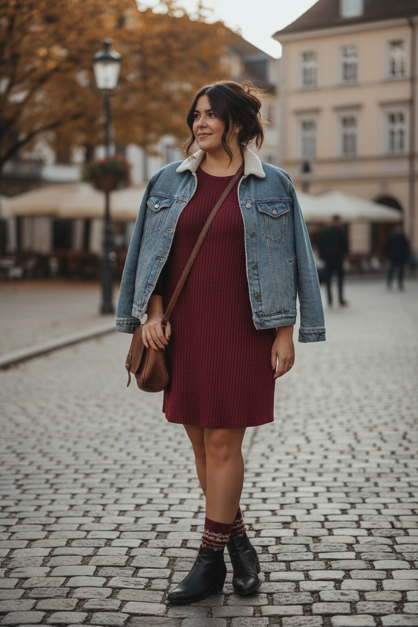 Casual look με μίνι χειμερινό φόρεμα M, 3/4 μανίκι, τζάκετ και μποτάκι