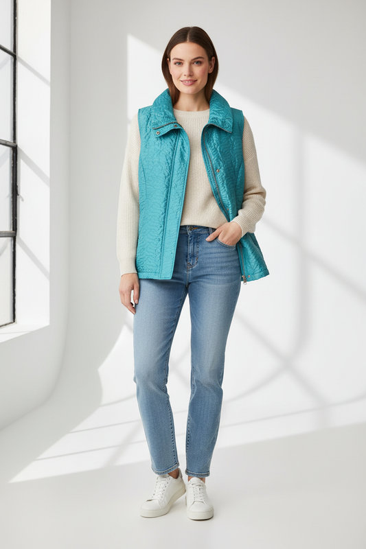 Μοντέλο με αμάνικο μπουφάν σε casual στυλ