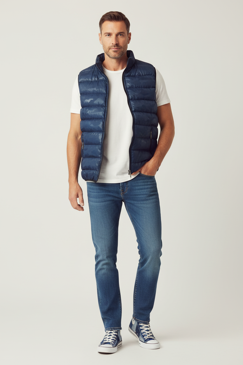 Complete outfit - αμάνικο μπουφάν με λευκή μπλούζα, τζιν και Converse