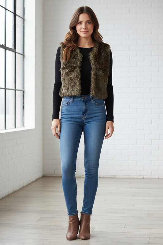 Μοντέλο με crop γούνινο γιλέκο και μπλούζα