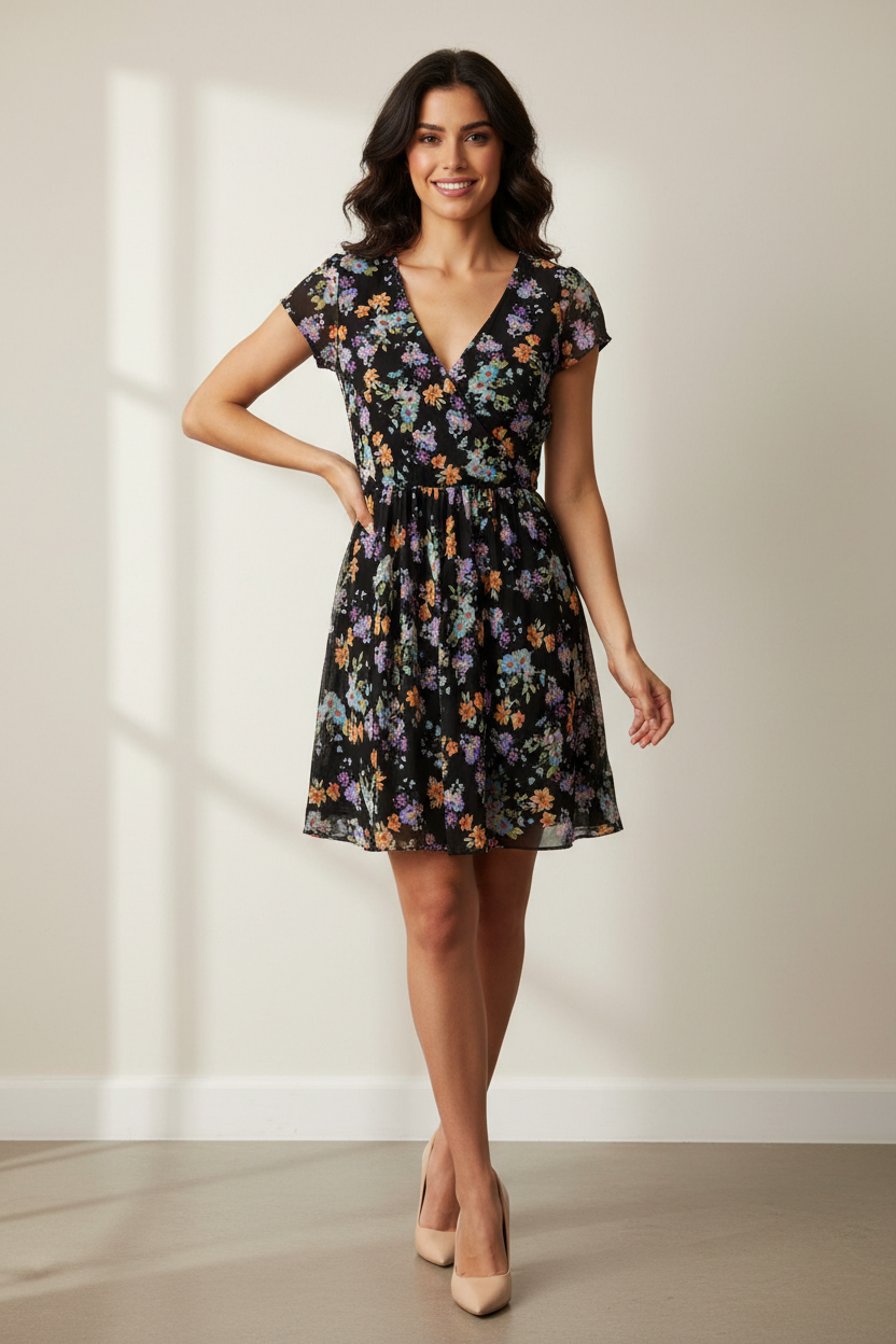 Φόρεμα Μαύρο Floral Chiffon Wrap - Look