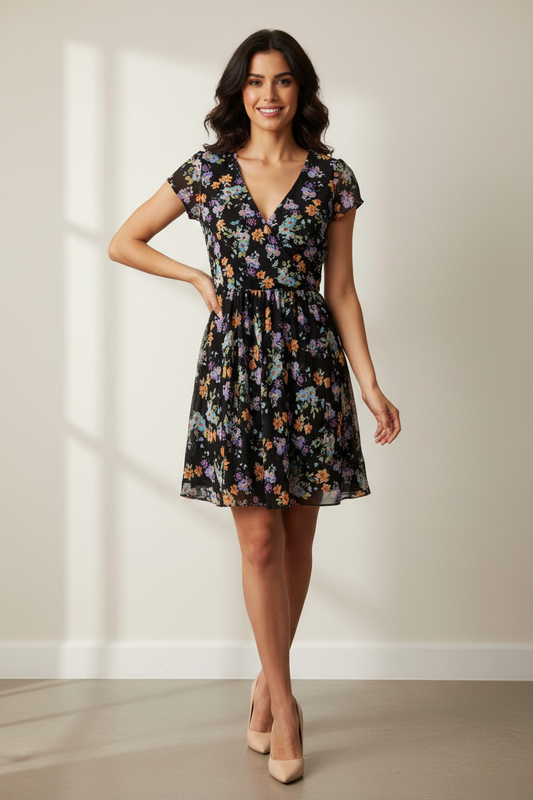 Φόρεμα Μαύρο Floral Chiffon Wrap - Look