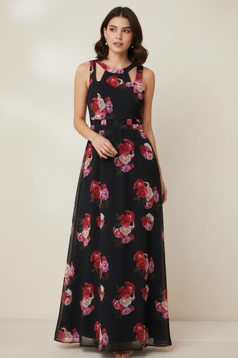 Φόρεμα Μαύρο Floral Maxi Τριαντάφυλλα - Look