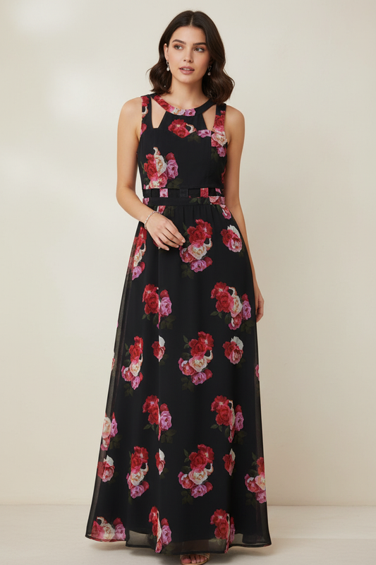 Φόρεμα Μαύρο Floral Maxi Τριαντάφυλλα - Look