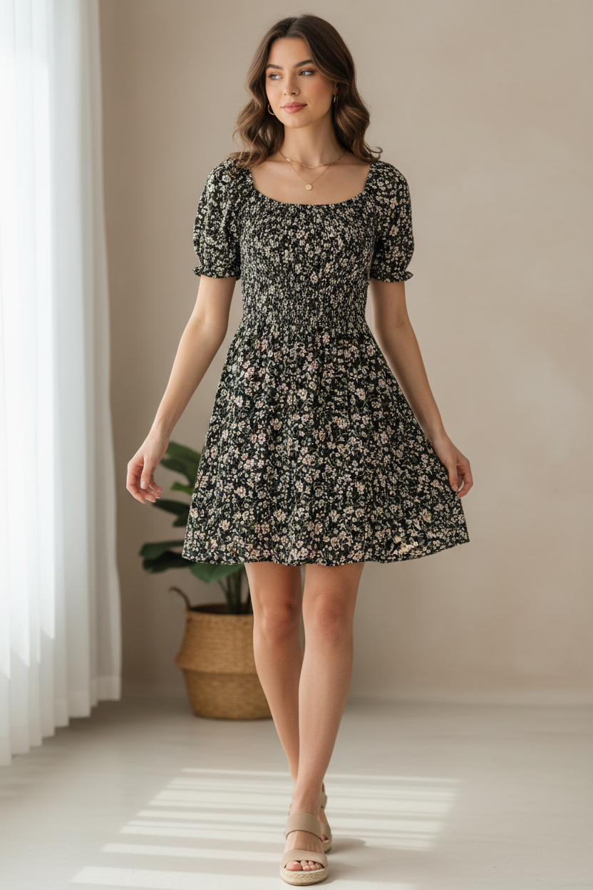 Φόρεμα Μαύρο Floral Puff Sleeve - Look