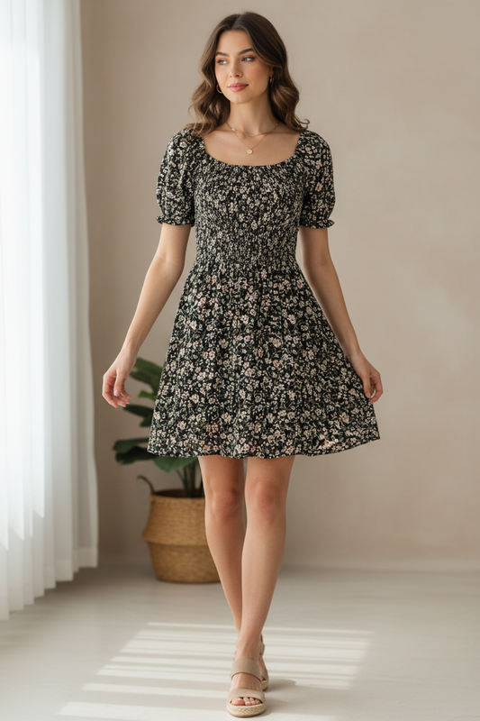 Φόρεμα Μαύρο Floral Puff Sleeve - Look