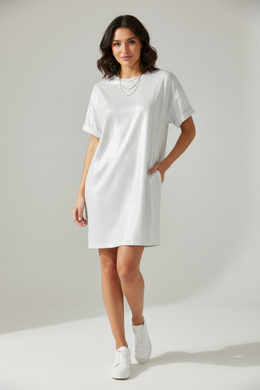 Φόρεμα Λευκό Metallic Shimmer T-shirt - Look