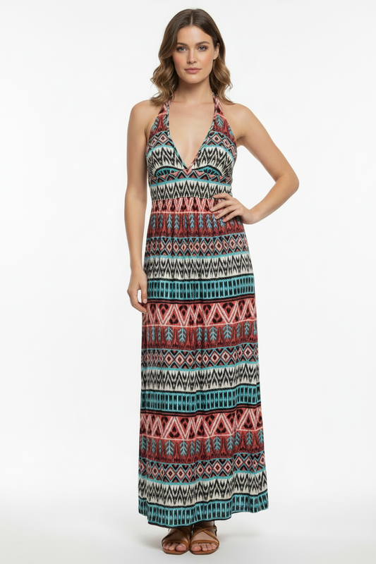 Model wearing aztec maxi dress with summer sandals