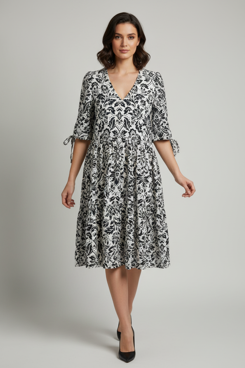 Model wearing baroque damask dress