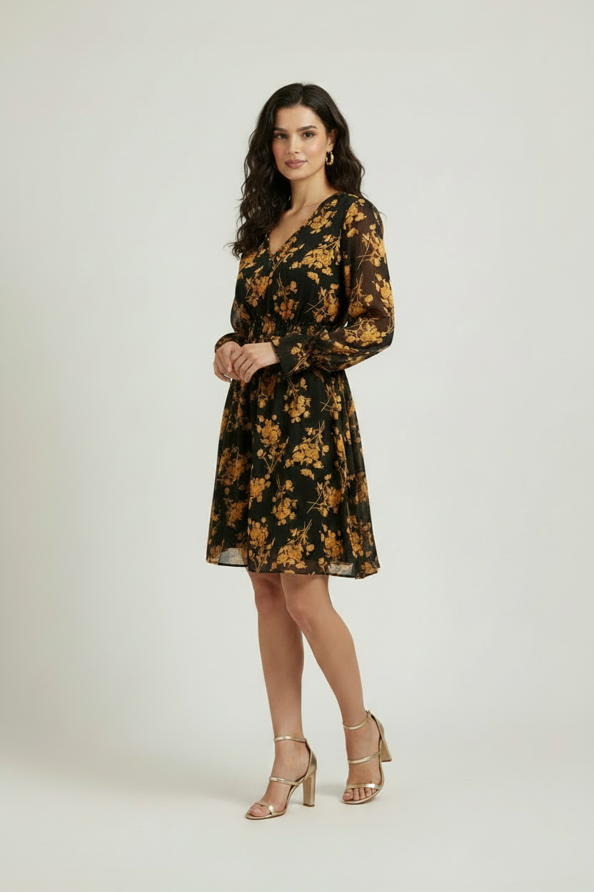 Model wearing black golden floral dress with heeled sandals