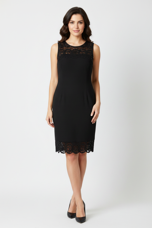 Model wearing black lace sequin sheath dress